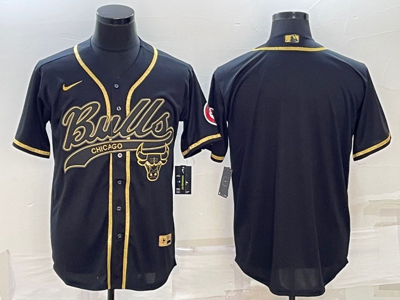 Men's Chicago Bulls Blank Black Gold Cool Base Stitched Baseball Jersey